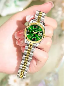 A Fresh Green Tech-Inspired Ladies' Wristwatch with Two-Tone Gold Steel Bracelet, Sparkling Diamond Accents, Unique Textured Finish with Glossy Sheen, Water Resistant, Magnified Date Window, Quartz Movement and Quartz Wristwatches
