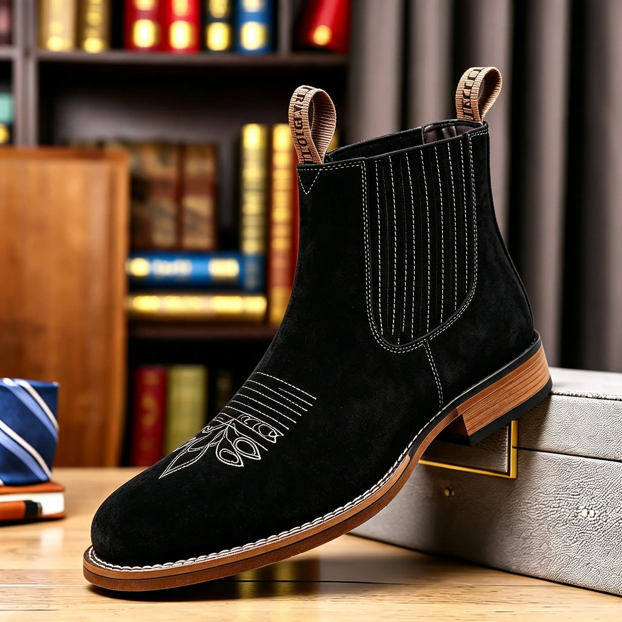 KVONE Men’s Western Cowboy Boots, suitable for all seasons; square-toe Chelsea ankle boots; work boots; casual retro style; classic and comfortable; multifunctional; available in outdoor casual closed-toe styles. golden stitching