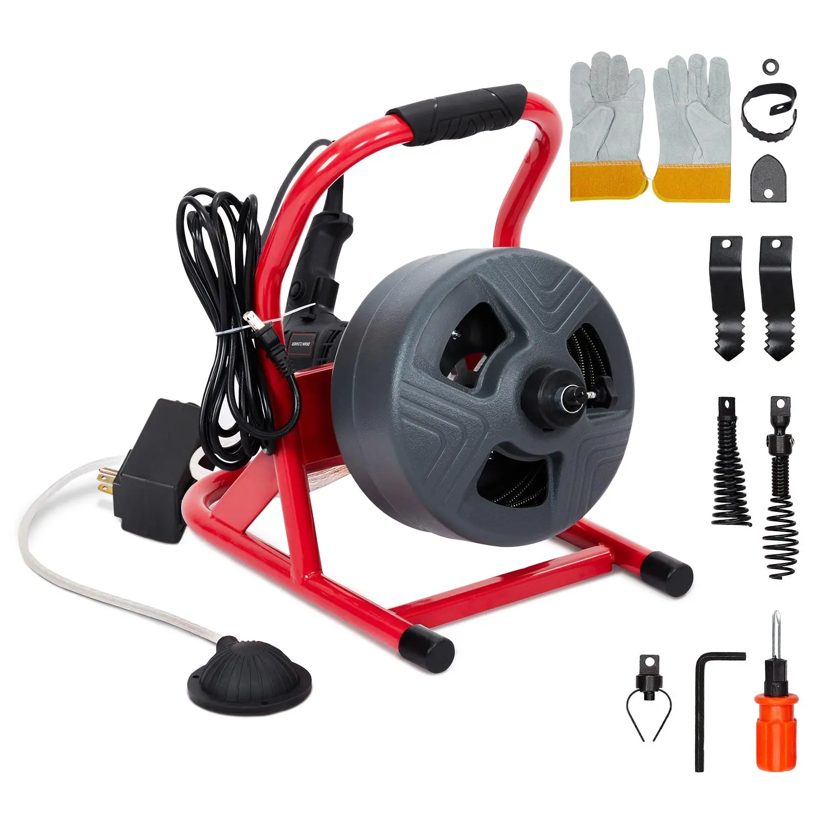 Professional Electric Drain Auger Machine – 50Ft x 5/16" Sewer Snake, 6 Cutters, Foot Switch, Gloves – Unclogs 3/4"–3" Pipes – Ideal for Bathroom & Kitchen Drains