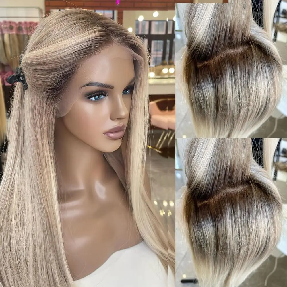 MSCICI Ash Blonde Balayage Human Hair Wig for Women, 13x4 UHD Lace Front Silky Straight with Dark Roots, Pre-Plucked Natural Hairline, Festivals