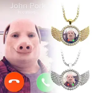 Funny Pig Pendant Necklace,John Pork Necklace, 14K Gold Plated Simulated Diamond Tennis Necklace