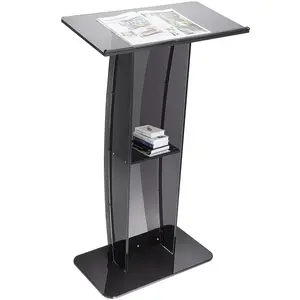 VEVOR Acrylic Podium, TikTokShopBlackFriday, 47" Acrylic Podium Stand with Wide Reading Surface & Storage Shelf, Floor-standing Clear Pulpits Acrylic for Church Office School, Black