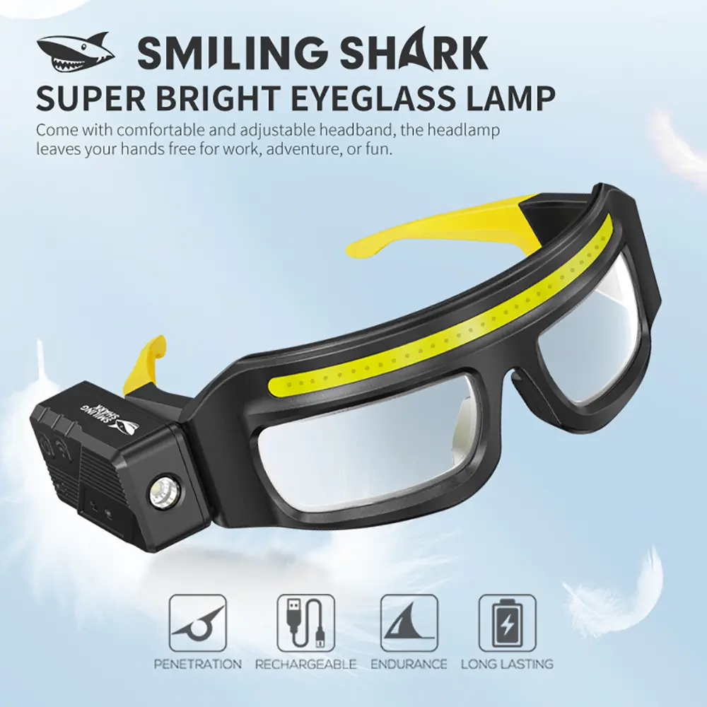 SmilingShark TD-0243 USB Rechargeable Headlamp Glasses - 2600mAh Super Bright High Lumen Flashlight, LED COB Light, Multi-Level Brightness, Gesture Ctrl, Water-Resistant, Portable, Hands-Free, US-Warehouse Shipment for Camping, Hiking, Super Bright Flashl