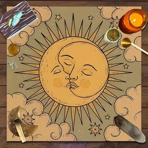 Boho Sun Moon Face Design Square Tarot Tablecloth, retro home decor Altar Cloth Multiple Sizes Polyester Fabric, Easy to Clean and Maintain Decorative Divination Cloth for Spreads & Rituals Gift for family and friends Rectangle Tablecloth