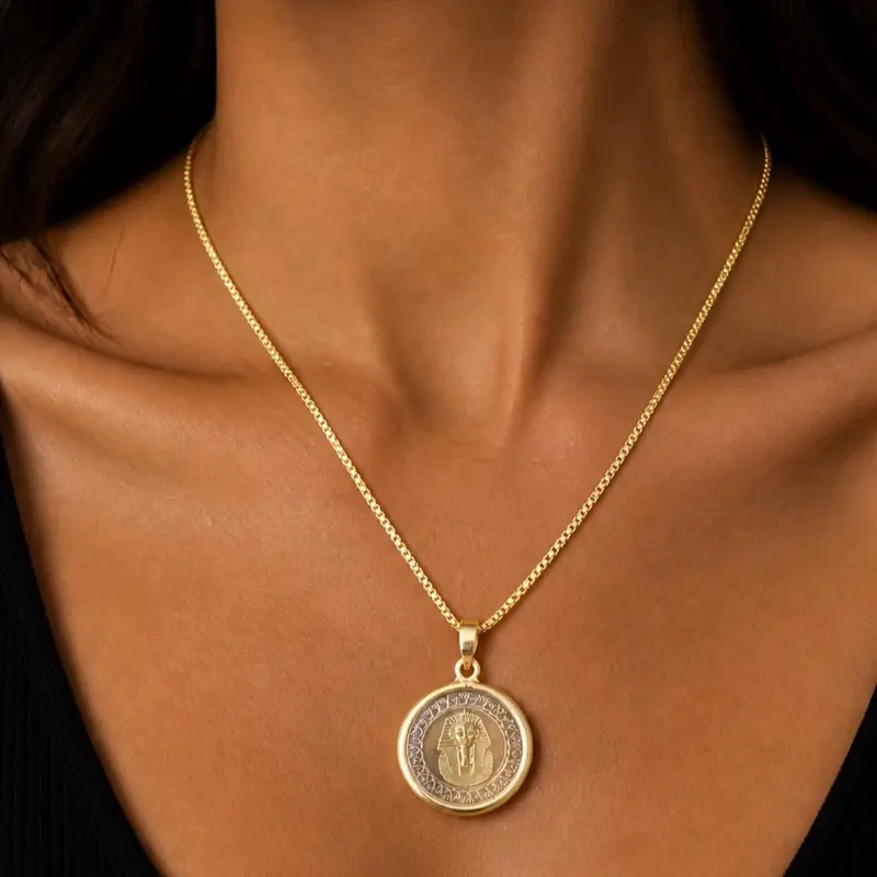 Trendy Pharaoh Classic Chain Coin Necklace - Elegant Gold Tone Pendant with Intricate Design for Women