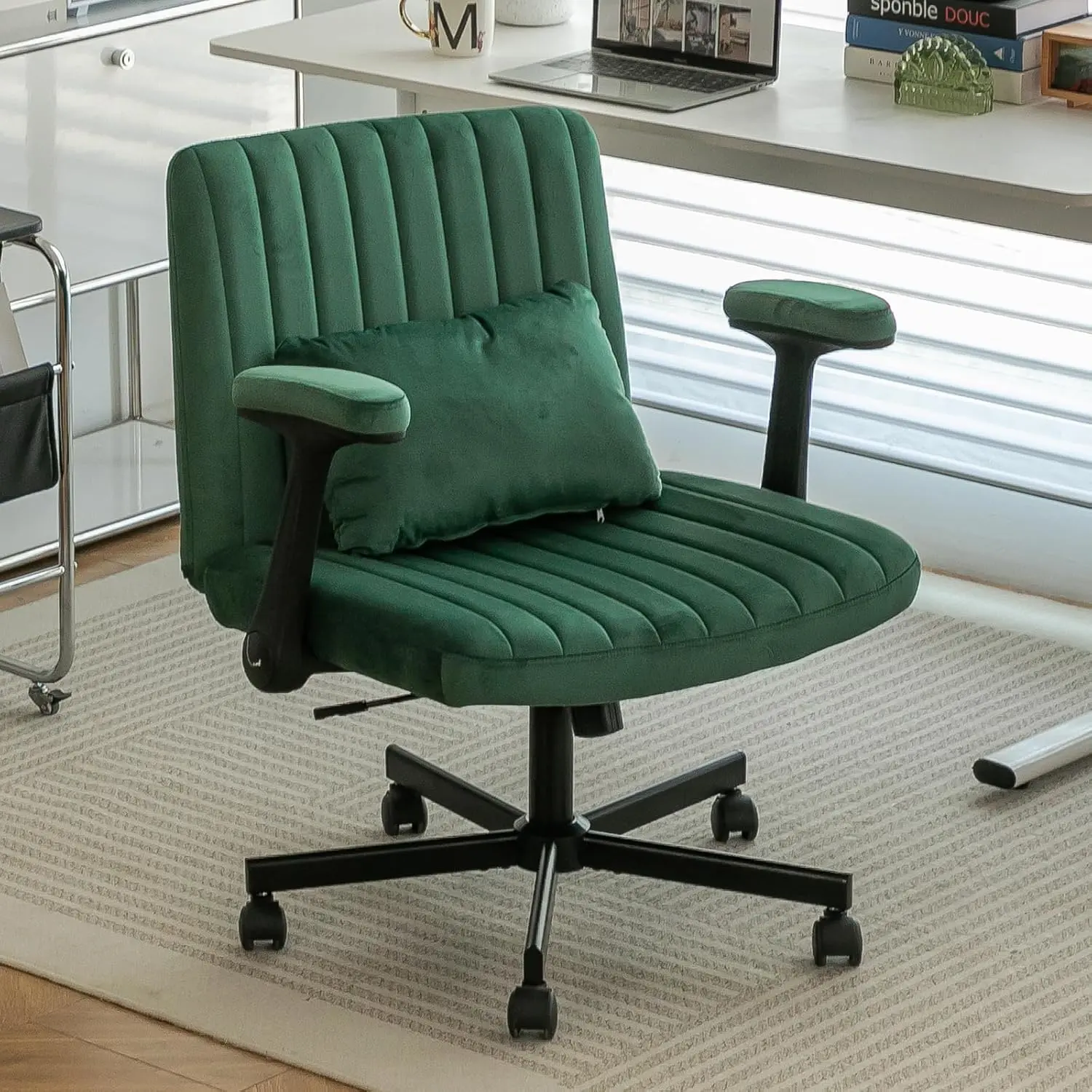 Home Office Desk Chair, Velvet Upholstered Criss Cross Chair with Pillow, Comfy Ergonomic Computer Chair with Height, Tilt Angle and Armrest Adjustable, Desk Chair for Office (Green-Velvet)