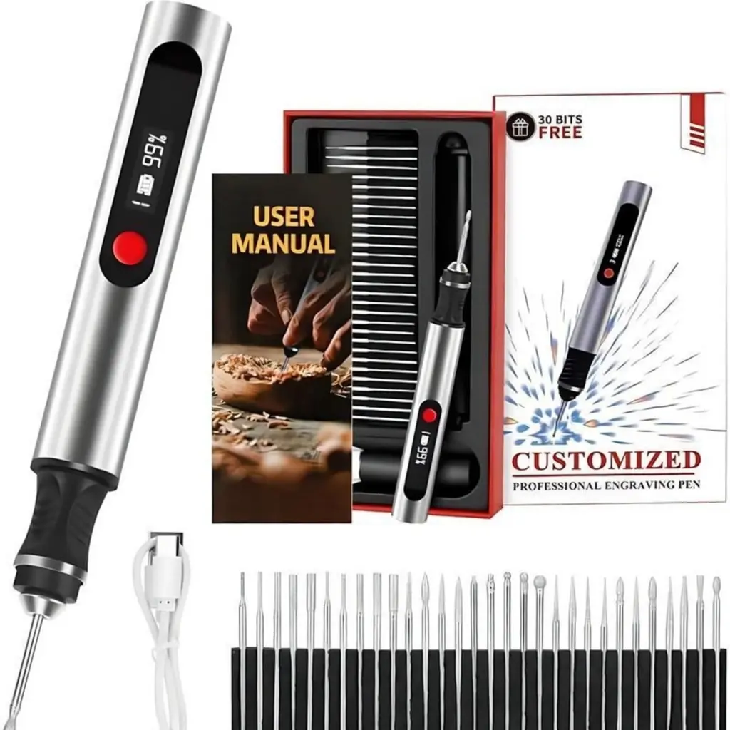 Professional USB-C Fast Charging Engraving Pen, 30 Free Diamond Bits Set, 3 Speed Settings (8000-21000 RPM), Batteries, Easy-to-Use Design for Personalized Gifts & Practice Canvases