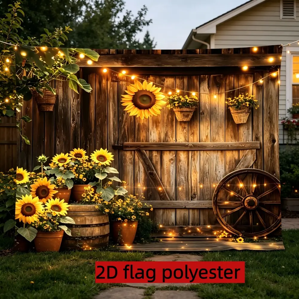 2D Flat 1PC Polyester Sunflower Barn Backdrop Rustic Country Decor for Indoor & Outdoor Themed Party, Farmhouse Gathering, Photo Booth, Wall Decor, Home Decoration, Event Background, Available in Multiple Sizes