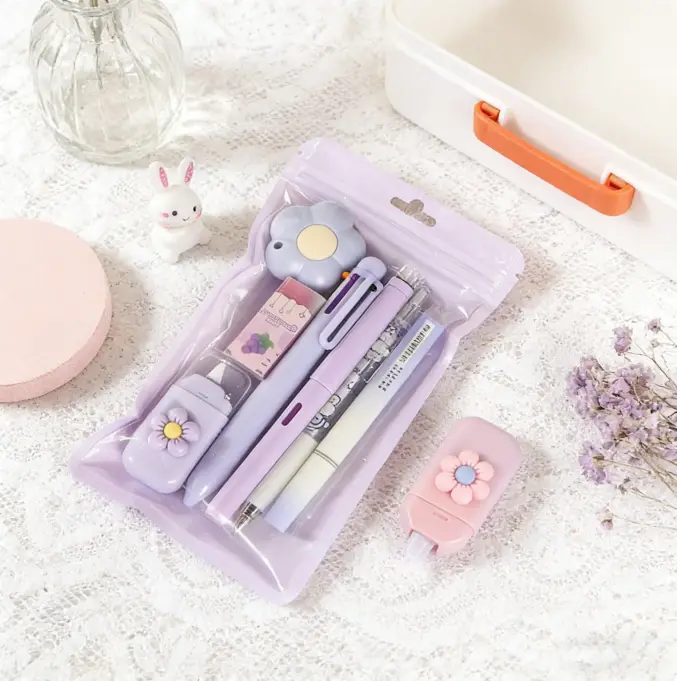 7PCS Purple Stationery Set  Kawaii– Cute School Supplies Kit with Ballpoint Pens, Highlighter, Correction Tape, Eraser & Pencil Sharpener, Aesthetic Writing Supplies for Students, Note Taking, Journaling & Office Use, Back to School Essentials glitter