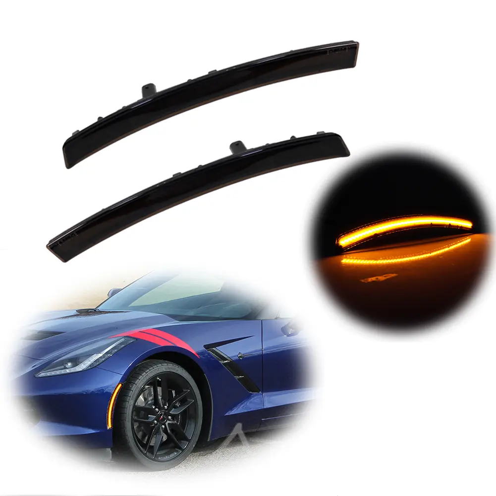 2PC Smoke Lens Ambe LED Front Side Marker lamps Lights for 2014 2015 2016 2017 2018 2019 Chevy Corvette C7,Replace OEM  # 22771196;22771197