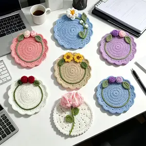 5.91inHandmade Crochet Flower Coaster, Cotton Knit Non-Slip Heat Resistant, UV Resistant Dustproof Desk Protector, Aesthetic Floral Decor for Home Kitchen Office, Great Housewarming Gift for Coffee Tea Lovers