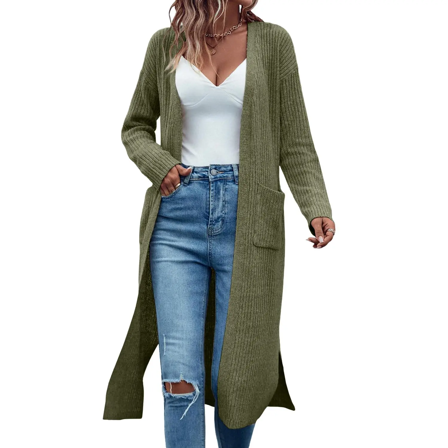 Women's Cozy Chunky Knit Duster Cardigan, Oversized Solid Open-Front Sweater Coat with Pockets, Long Sleeve Drape Knitwear for Work, Cozy To Wear, Flowy Drape, Chic Shape, Maxi Duster Drapes Elegantly