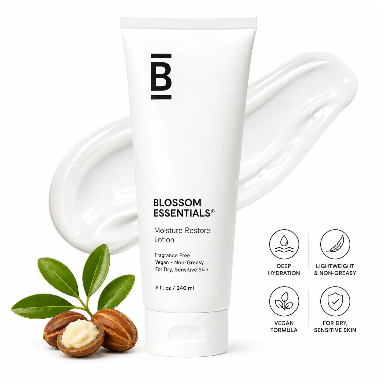 BLOSSOM ESSENTIALS Moisture Restore Lotion, Hydrating Body Care with Ceramides, Oryza Sativa (Rice) Starch & Sodium Phytate - Vegan Gel Moisturizer for Dry, Sensitive Skin, Fragrance Free (8 fl. oz), Contains Neither, Anti-Oxidants, Cooling Texture, Light
