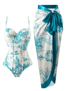 Women's 2-Piece Beachswimsuits Set, Polyester Blend Tropical Print Bathing Suit, Structured Corset Top with Removable Pads, High-Stretch Wrap Skirt, Teal White 1-Piece Swimsuit Alternative, Tropical Print Swimsuit