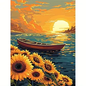 1 Pcs Sunrise and Sunflowers, 16x20 Inch, Frameless, Suitable for Art Students DIY Digital Painting Kit, Professional Paintings, Paint by Numbers, Handcraft Art Set, Diy Painting Supplies, Acrylic Painting, For Home Wall Decoration and Gifts