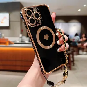 Magnetic Side Phone Case with Chain, Heart Pattern Phone Protective Cover, Phone Accessories Compatible with iPhone 11 12 13 14 15 Pro Max, Casing, Shell, Protector, Shockproof