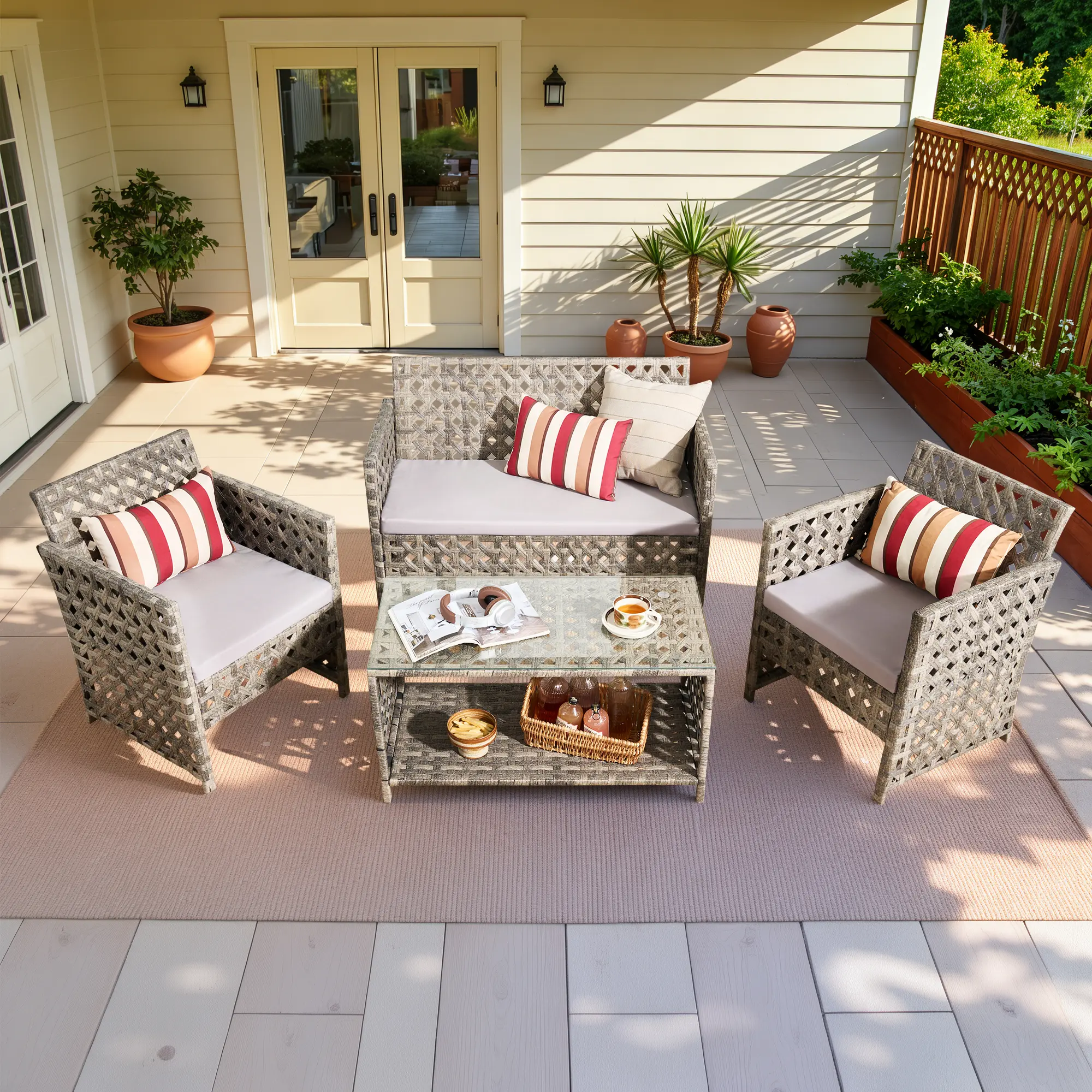 【Mother's Day】HOOOWOOO Outdoor Patio Furniture Set 4PCS, PE Wicker Rattan Chairs Garden Conversation Sets with Tempered Glass Table and Soft Cushions for Lawn,Pool or Backyard