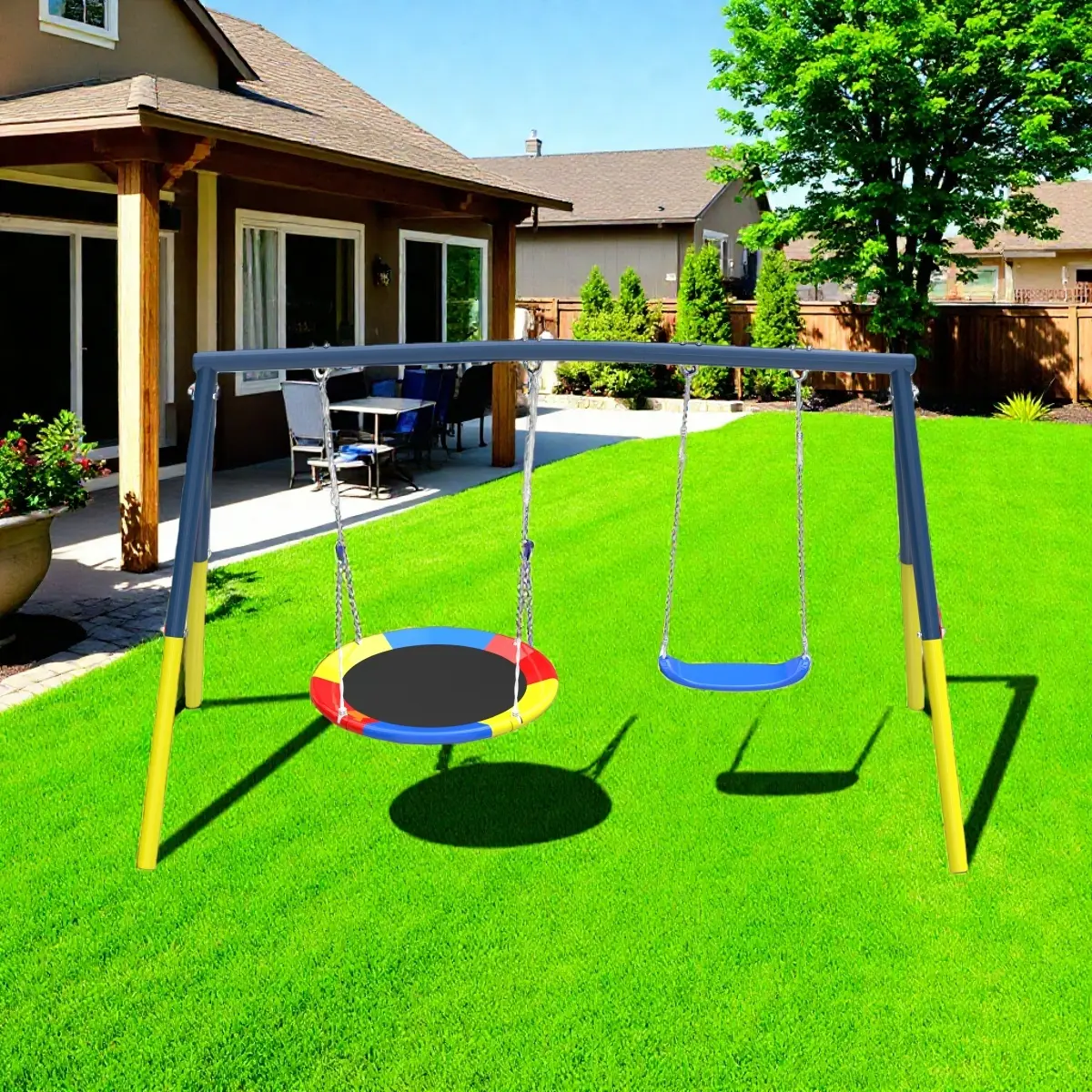 Heavy-Duty A-Frame Outdoor Swing Set - 330lbs Capacity, Rust-Resistant, Easy Install with 32" Saucer & Belt Seat for Family Backyard