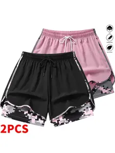 Women’s summer casual two-piece shorts set with built-in lining and a drawstring elastic waistband, suitable for outdoor sports, fitness, running, and everyday wear: women’s shorts; athletic shorts; womenswear