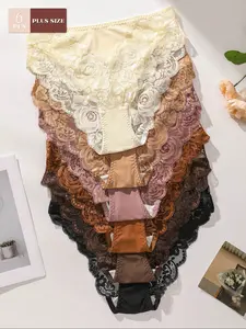 Women's Plus Size Lace Patchwork Thong Panties, Comfortable Breathable Fabric, Sexy Solid Color Underwear, Fashion Breathable Underwear, Elegant Soft Panty, 6 Pack, Soft Knicker