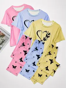 6 Counts Women's Heart & Butterfly Print Pyjama Set, Comfy Pyjama Set, Pajama Set, Short Sleeve Tee & Elastic Waist Pants Loungewear Set, Women Cute Nightwear, PJ Sets for Women, Summer Sleepwear, Summer Outfits 2024, Lounge Pjs Set, Womenswear, Lady