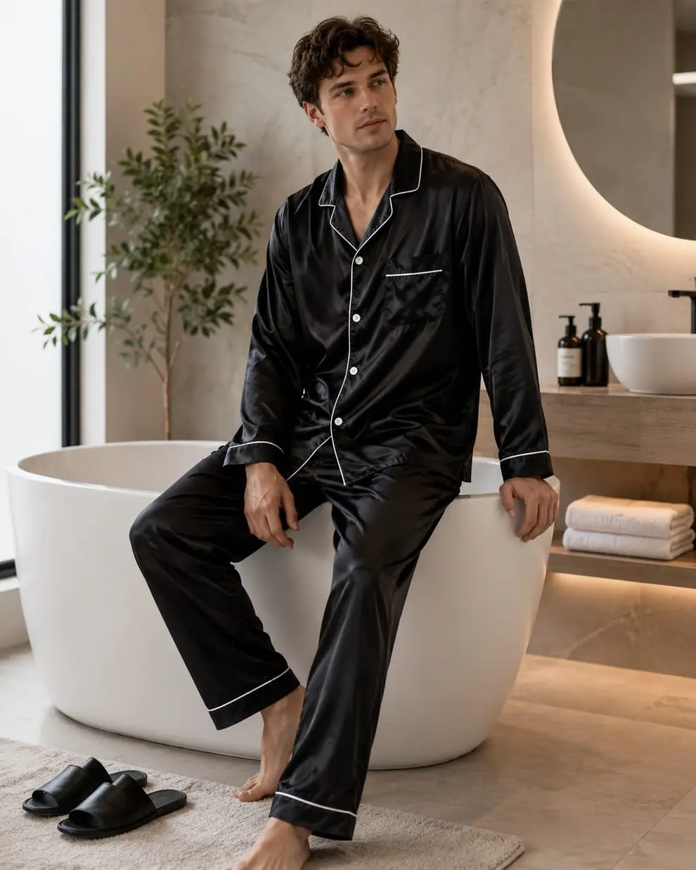 Up2date Fashion Men's Satin 2-Piece Pajama Set - Long Sleeve Button-Down Menswear, Silky Fabric Loungewear with Pocket, Ideal for Birthday Gifts, Sizes M-XL, Shirt, Matching, Relaxed Fit, Breathable, Full Sleeves