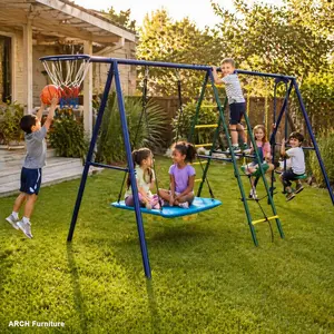 6-in-1 Kids Outdoor Play Sets Backyard Outdoor Furniture with Climbing Ladder, Climbing Net, Glider, Hammock, Belt Swing, Basketball Hoop