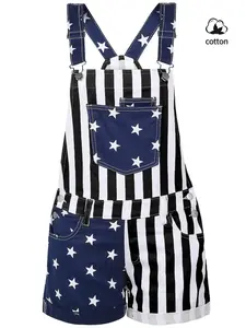 Women's Summer Denim Overall Shorts, Casual Loose Multi-Pocket Design, American Flag Element Rolled Hem, Neutral Style Couple
