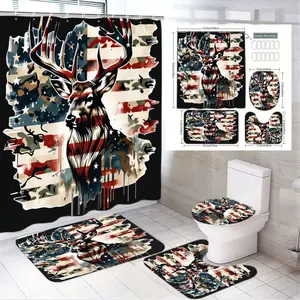 1/4pcs Patriotic Camouflage Deer American Flag Bathroom Set, Shower Curtain Sets - Shower Curtain with Large Deer Head, 2 Bath Mats, Toilet Seat Cover - Distressed USA Flag Pattern, Patriotic Camo Decor for Home, Gift for 4th of July