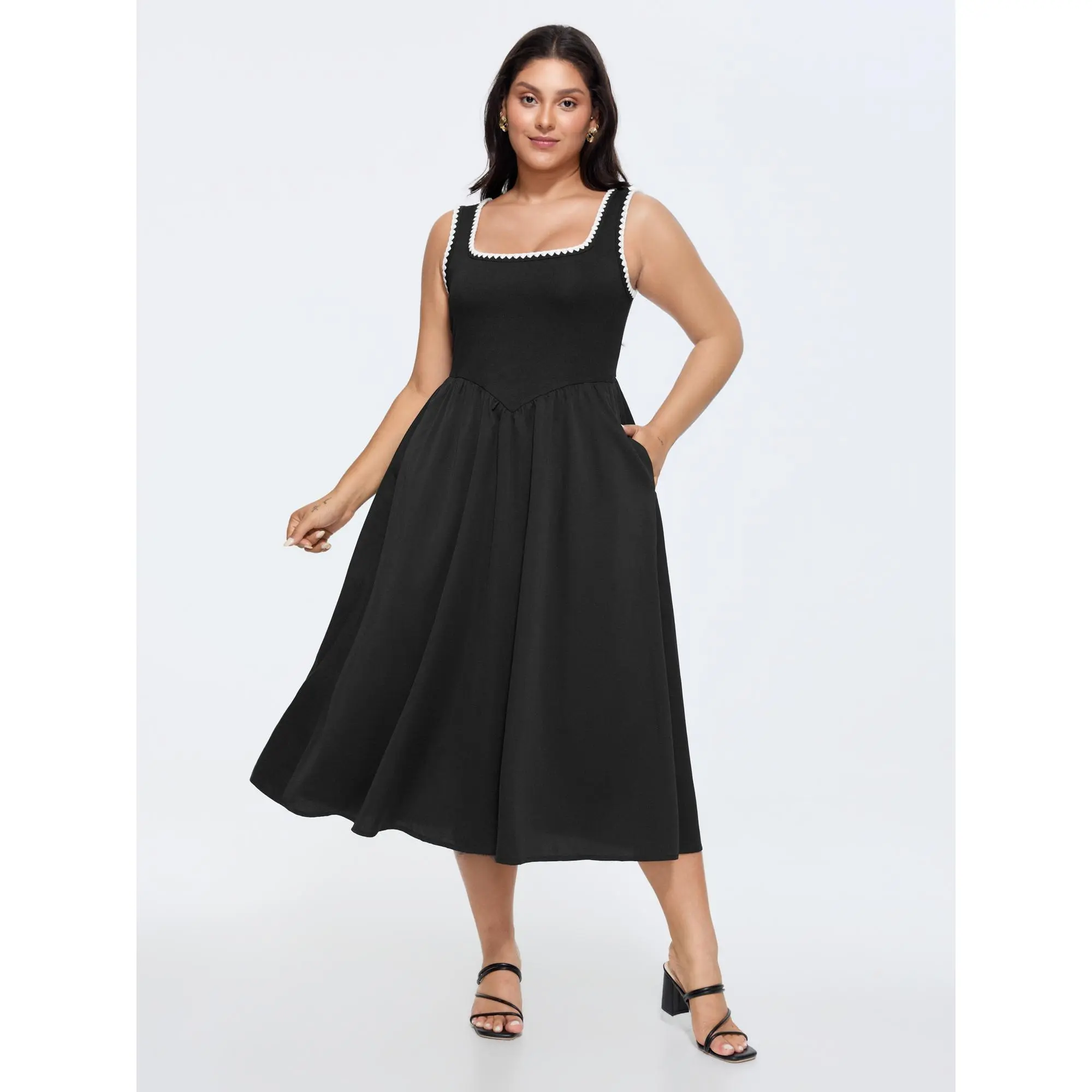 BloomChic Women's Plus Size Sleeveless Rayon-Spandex-Elastane Blend Maxi Dress, Casual Pull-On Style with Contrast Embroidered Neck, Side Pockets, Smooth Fit, Cool Iron Care, Size 14-16/1X