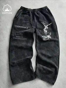 Men's Loose-Fit Cotton Pants with Letter Print Design, Super Soft Comfortable Long Pants for Fall & Winter Casual Daily Wear, Casual Streetwear Pants