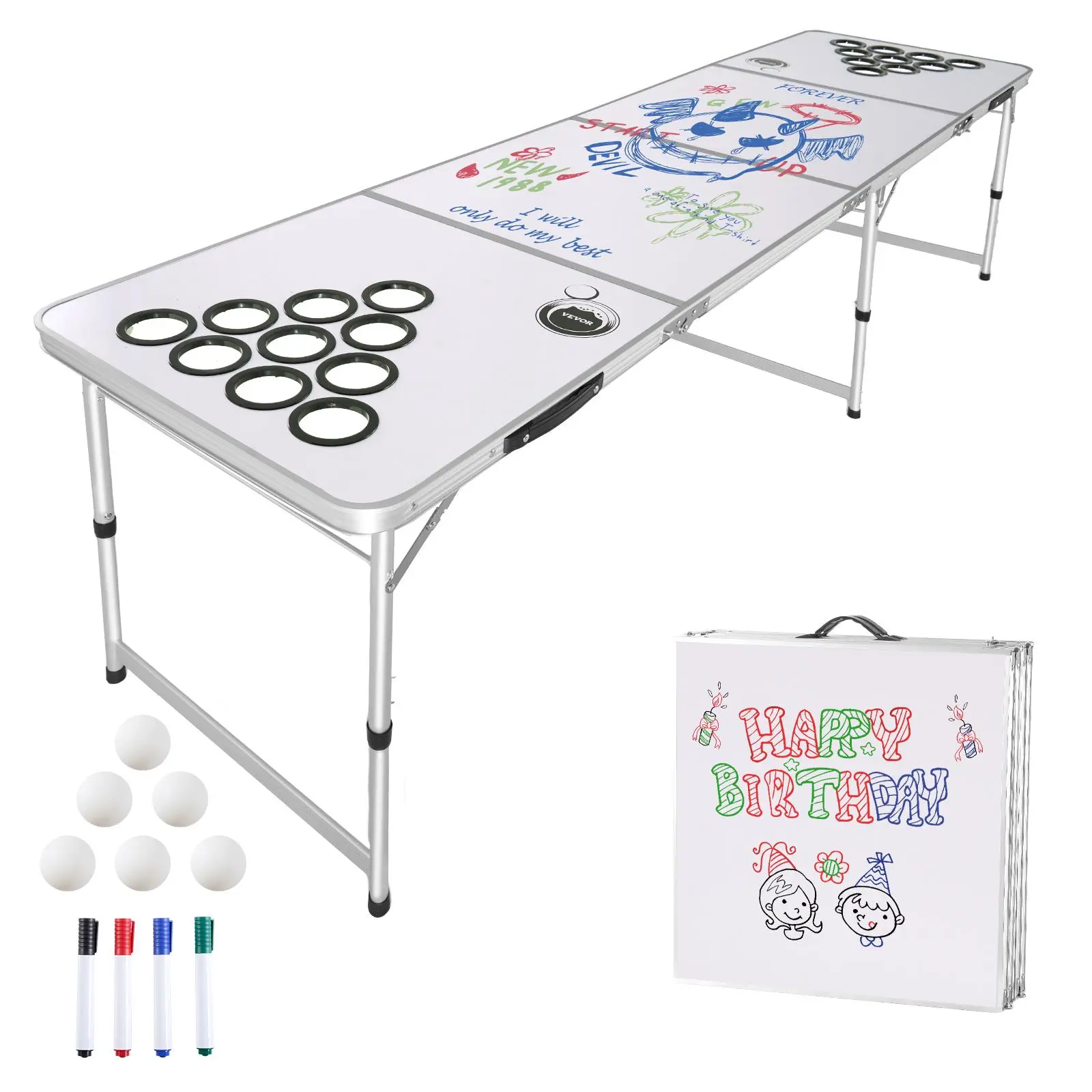 【SummerFinds】VEVOR 8 Foot Portable Beer Pong Table, Folding Tailgate Table, Cup Holes, Dry Erase Markers and Carrying Handles, Adjustable Height, Lightweight Table for Office, Tailgate Party & Camping, White