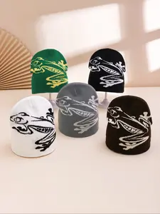 Autumn Winter New Frog Jacquard Knit Hat, Fashionable Elastic Woolen Cap, Street Style Warm, Stylish Cold Weather Headwear, Knitted Hat