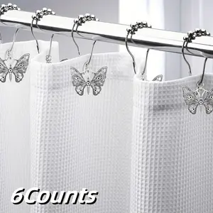 Butterfly Decorative Shower Curtain Hooks, Home Bathroom Accessories, Rust-Resistant Metal Rings, Set of 6, Durable and Stylish