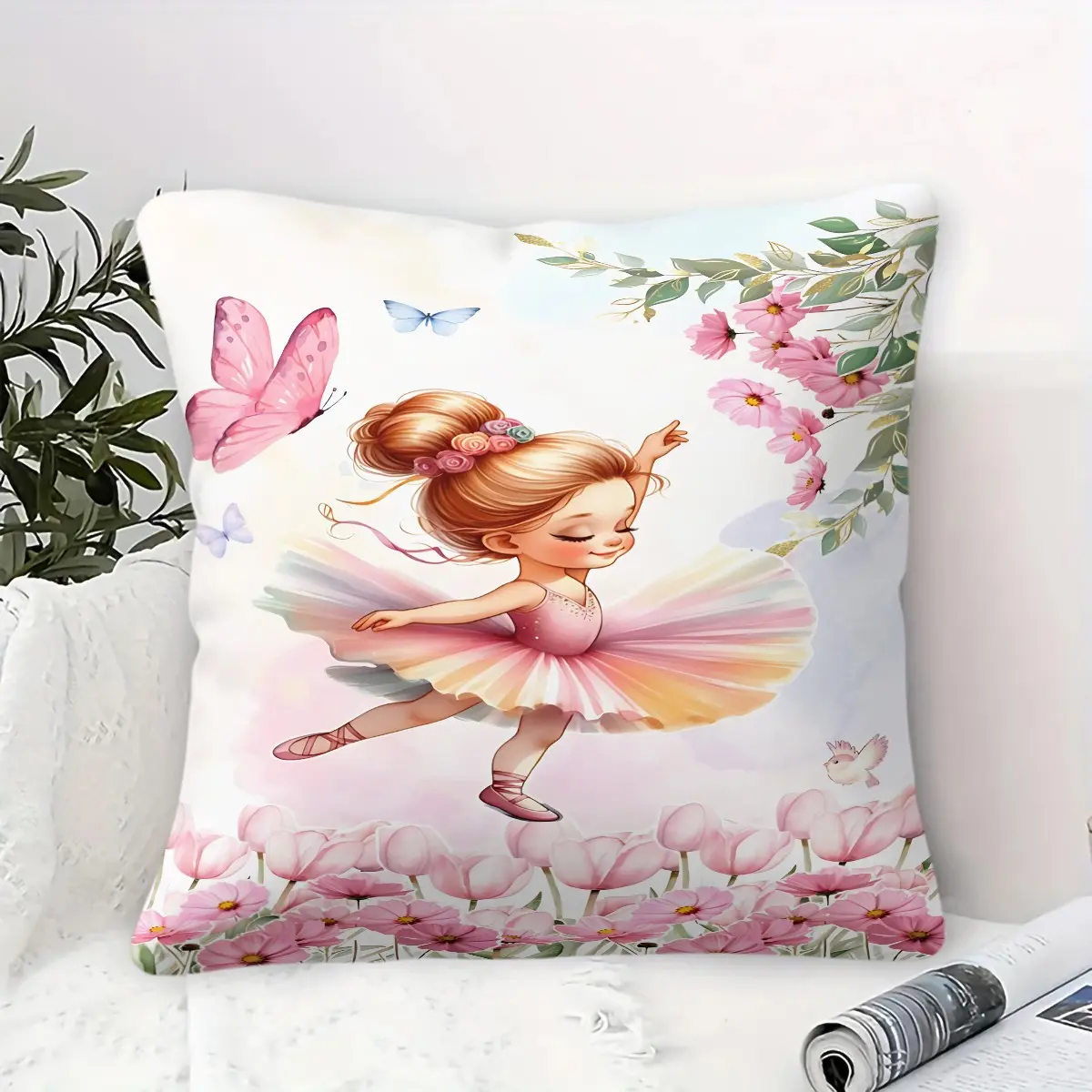 Cute Pink Dancing Ballerina Throw Pillow, Blossom Butterfly Tulip Cushion Accent Pillow Includes Pillow Core, Soft Comfortable Fabric, For Sofa Couch Bedroom Living Room Dorm Decor, Great Gift for Kids Teen Girls