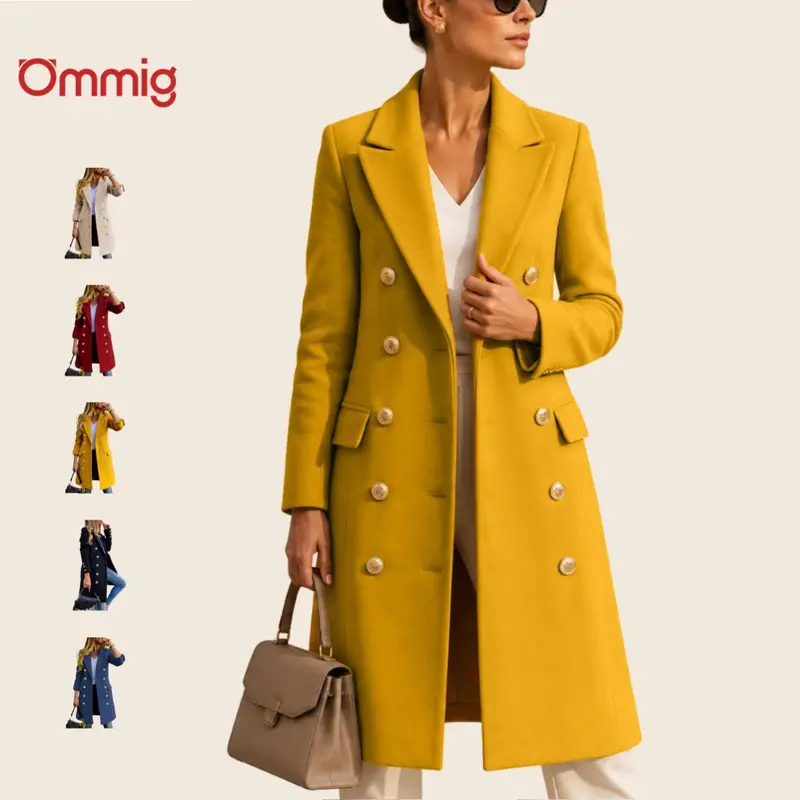 Ommig Women's Wool Blend Pea Coat - Double Button, Slim Minimalist Long Knee-Length Midi Outerwear, Solid Color, Collar Design for Fall Winter, Chic Street Style Fashion Jacket