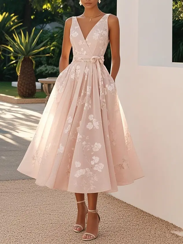 MINGHAO  2026 new Women's Sleeveless Deep V Tea-Length Midi Dress, 3D Floral Applique, Waist Tie Belt, Flared Swing Skirt with Side Pockets, Bridal Shower Wedding Guest Formal Dress