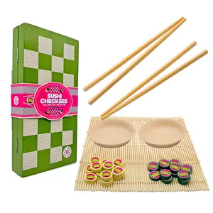 Project Genius: Sushi Checkers - Game & Sushi Making Set, Folding Bamboo Game Board, 24 Checkers & Chopsticks Set, Adults & Kids Ages 8+, 2 Players