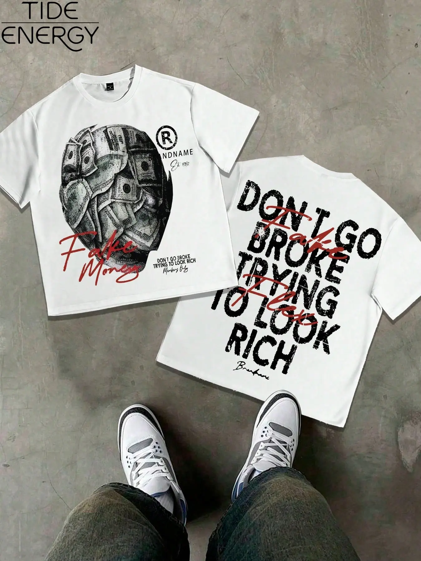 Men's Hip Hop Street Style Streetwear T-Shirt, Menswear Oversized Top with 'fake Money' Skull and 'don't Go Broke' Print, Casual Cotton Short Sleeve