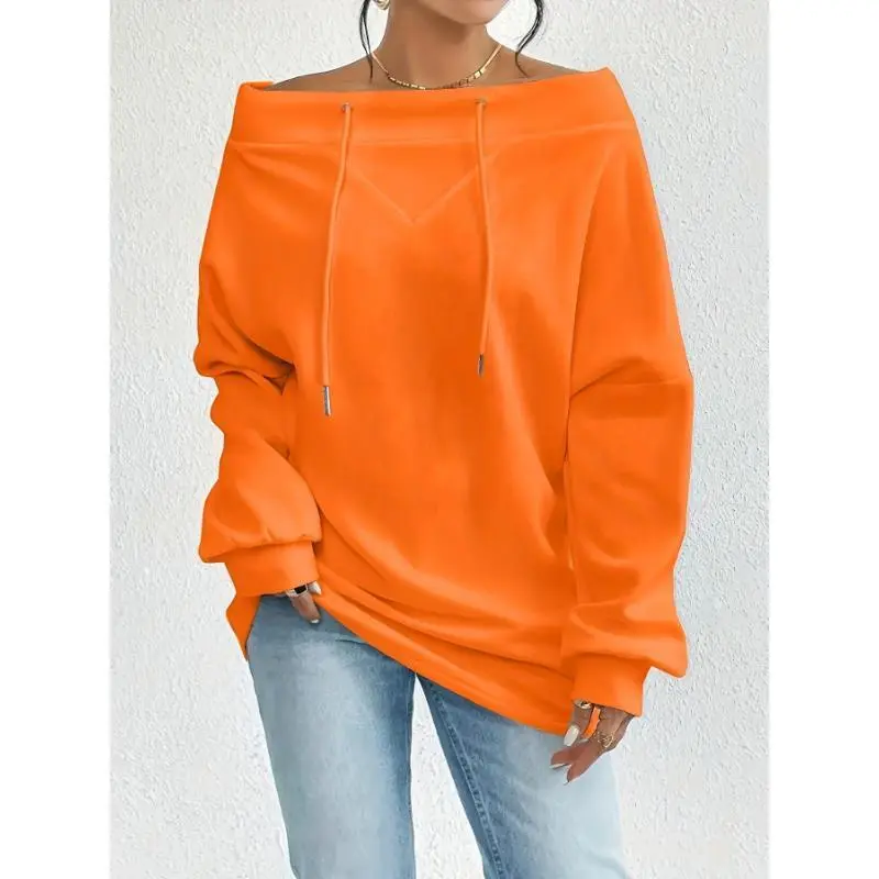 2026 New Women's Casual Off-Shoulder Pullover Sweatshirt Solid Color Polyester Knit Fabric with Slight Elastic Drawstring Detail Loose Fit Suitable for Spring and Autumn Hoodie2026(Gift)11