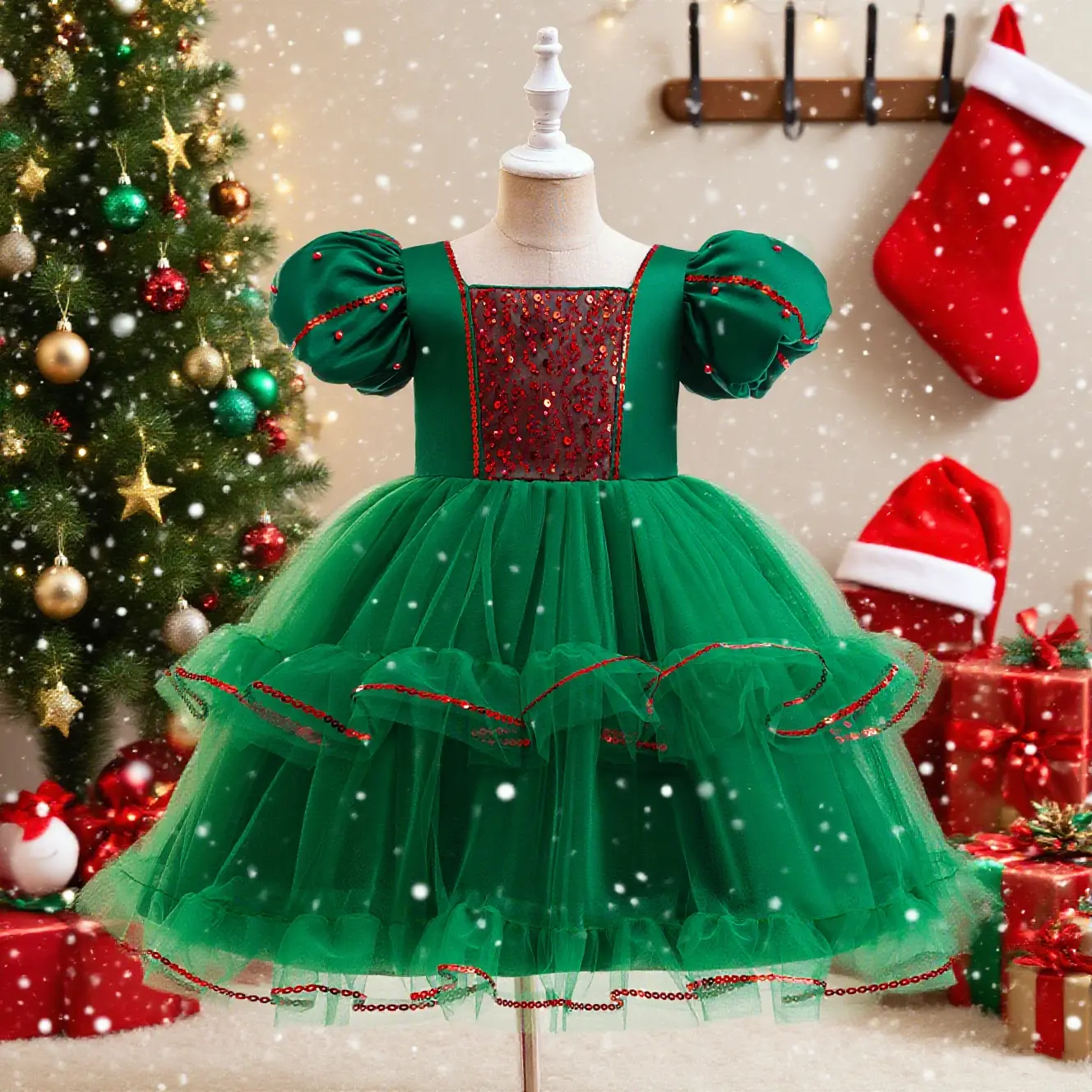 Girls' Tinkerbell Green Classic Christmas Princess Dress, Party/Evening Gown for Performance, Holiday Celebration, Tinkerbell Green Dress