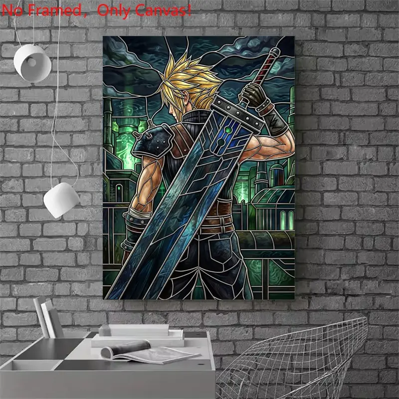 1 piece/set frameless canvas painting print poster, Game Poster art，Cloud Strife Stained Glass Art，a perfect gift for Video games loves, ideal gift for bedroom, living room, dorm hallway, kitchen, mural, wall decoration, room decor