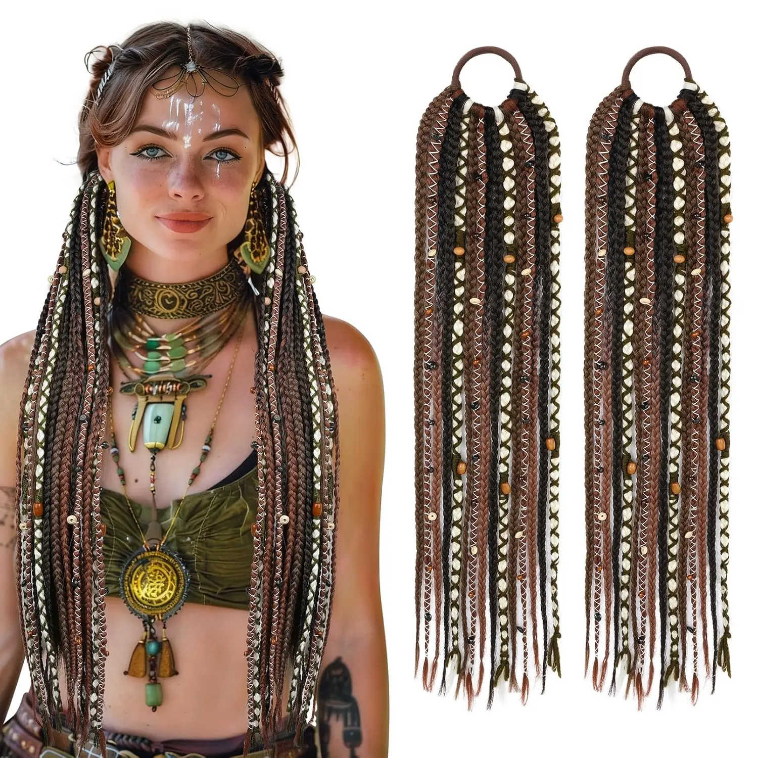 Boho Braided Ponytail Extension with Hair Tie, 24" Long Viking Dreadlock Beads Ponytail Hand-braided Braids Hair Extensions Lightweight Natural Synthetic Hairpiece for Festival Cosplay Blonde Boho Style Wigs