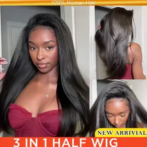 Gabrielle Half Wig Human Hair 180 Density Kinky Straight Glueless Wig 3 In 1 Seamless Flip Over Wig With Drawstring Beginner Friendly Headband Wig Vacation Summer Wig Daily Wear