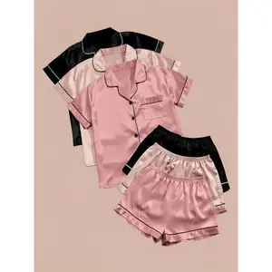 Women's Solid Satin Pyjama Set, Short Sleeve Button Front Lapel Shirt & Contrast Binding Shorts PJ Set, Summer Sleepwear Set Matching Casual Pajamas Loungewear Womenswear women's pajamas set(Raincoats)