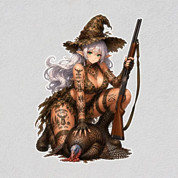 Turkey Hunting Witch Girl Sticker, Camo Huntress Anime Waifu, Turkey Hunting Vinyl Decal, Hunting Girl Laptop Sticker