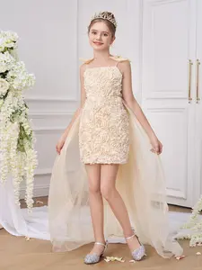 7-12Y Champagne 0003 Kids Clothes Flower Girls Princess Long Ball Gown Frock Children 3D Floral Trailing Skirt Bow Mesh Ball Gown Formal Evening Party Banquet Pageant Prom Host Cocktail Dress