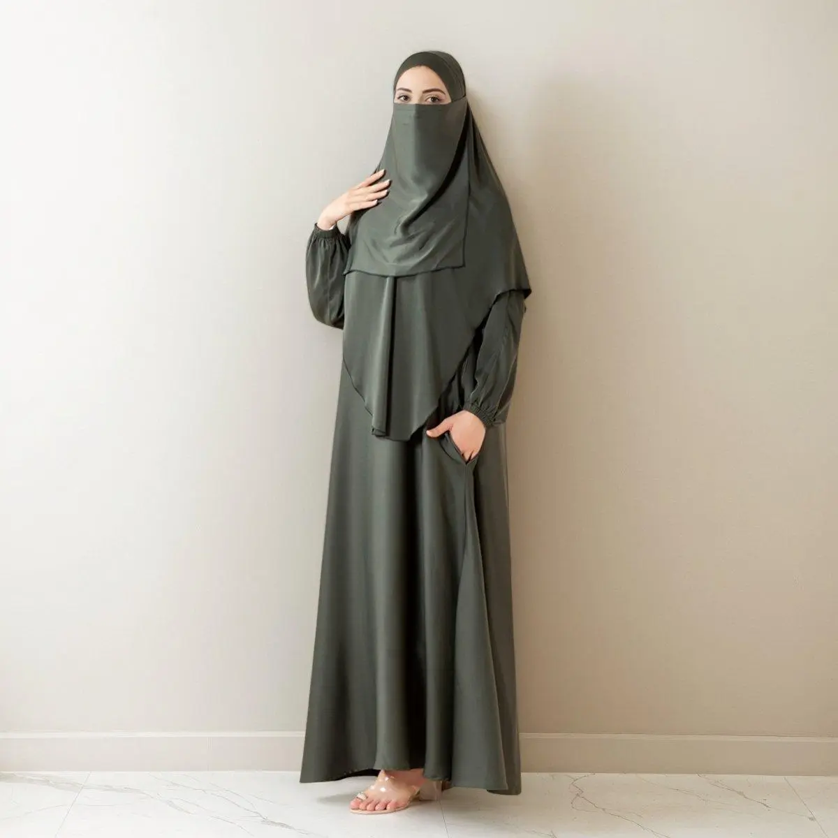 Women's 3-Piece Satin Abaya Set - Muslim Outfits, ModestFashion Clothes, Long Sleeve Full-Coverage Flowy Garment with Adjustable Khimar, Niqab, Pockets for Prayer, Umrah