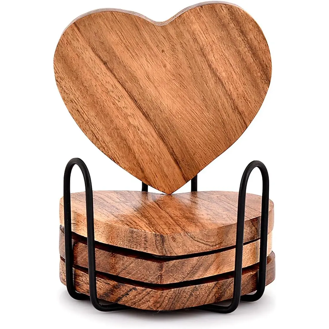 Acacia Wood Heart-Shape Coaster Set (4-Piece) with Iron Holder, Wooden Drink Cup Coasters for Coffee Table, Housewarming Gift, New Home Kitchen Décor, Coasters For Drinks