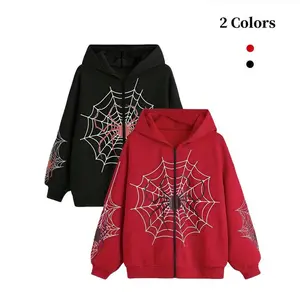 Trend Women's Halloween Spiderweb Graphic Street Hoodie,Zip Up Graphic Spiderweb Print Long Sleeve Goth Hoodie Fashion Womenswear Streetwear Oversized